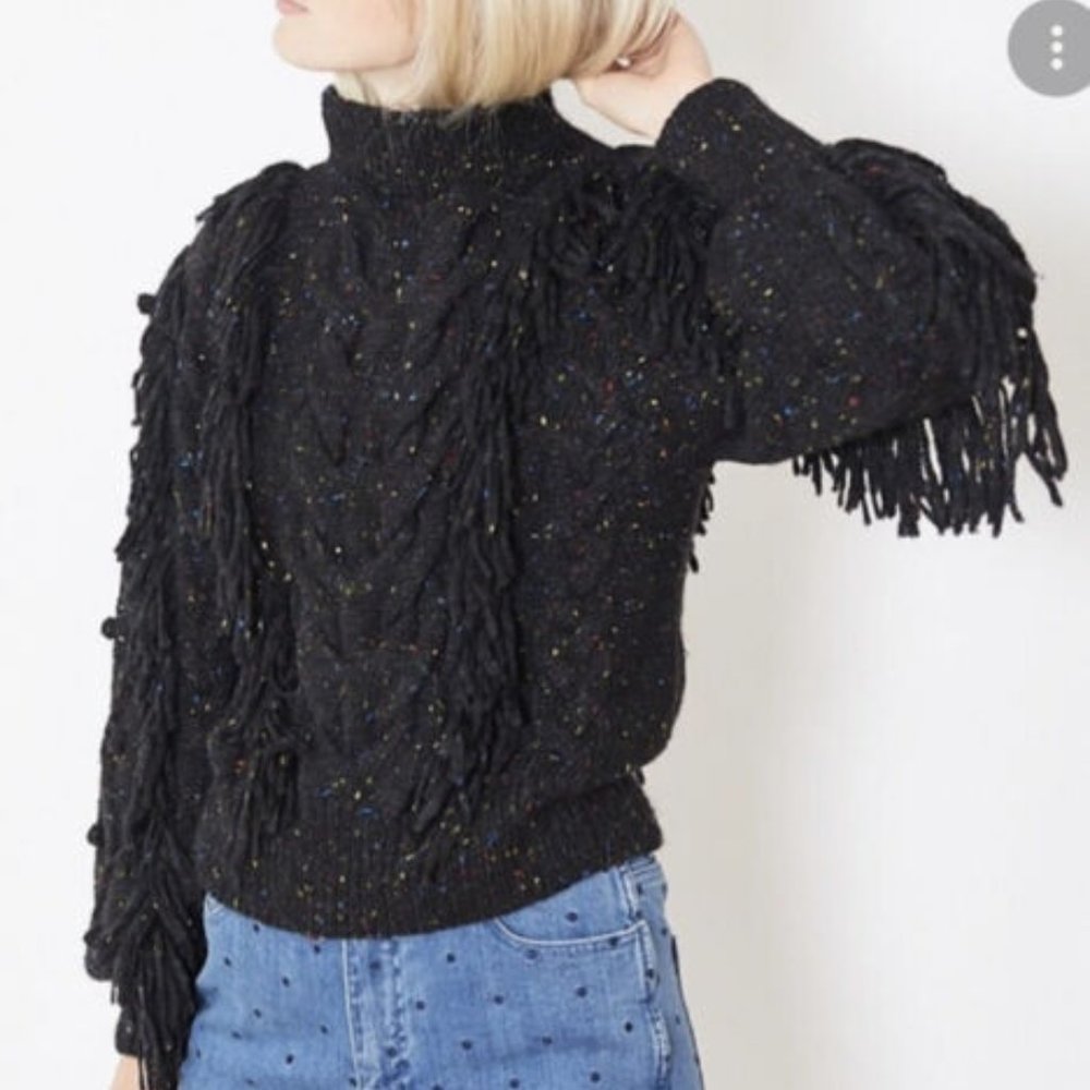 Ulla Johnson Marcella Black Alpaca Fringe Confetti Cable Knit Pullover Sweater